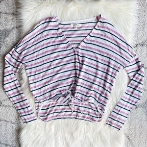 Striped self tie sweater